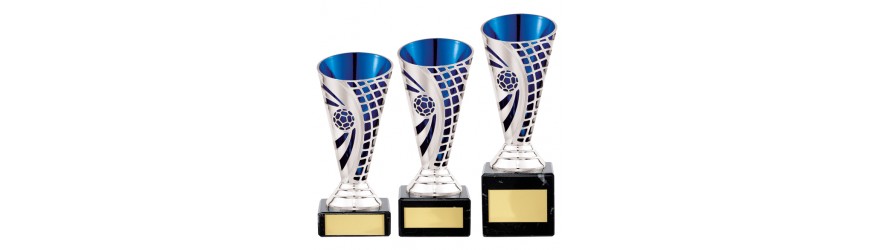 SILVER/BLUE PLASTIC BUDGET FOOTBALL CUPS  - AVAILABLE IN 3 SIZES (14CM - 17CM)